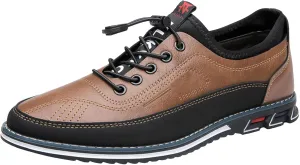Mens Casual Leaher Sneakers Non Slip Flat Business Shoes with Arch Support Comfortable Business Leather Sneakers Lace up Office Work Sneaker Men Durable Waterproof Daily Work Shoes