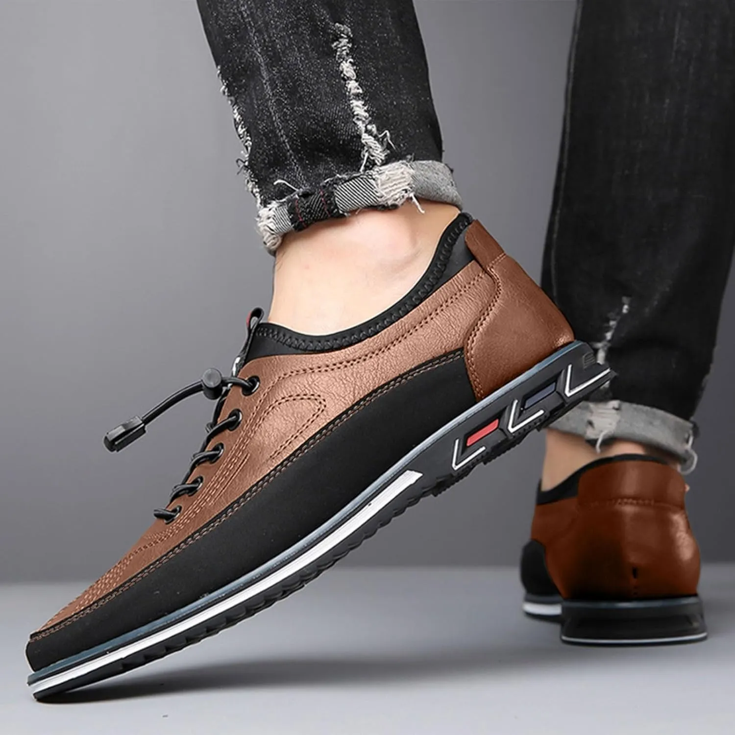 Mens Casual Leaher Sneakers Non Slip Flat Business Shoes with Arch Support Comfortable Business Leather Sneakers Lace up Office Work Sneaker Men Durable Waterproof Daily Work Shoes