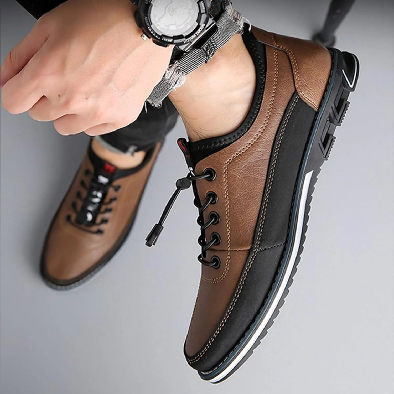 Mens Casual Leaher Sneakers Non Slip Flat Business Shoes with Arch Support Comfortable Business Leather Sneakers Lace up Office Work Sneaker Men Durable Waterproof Daily Work Shoes