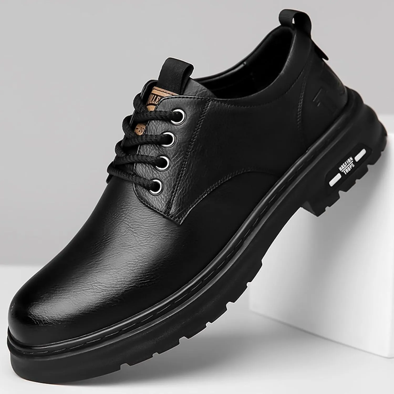 Mens Casual Plain Toe Derby with Comfort Thick Sole Arch Support Leather Shoes for Men Daily Work Supple Business Formal Derby Lacu up Leather Low Top Boots Durable Non Slip Sole