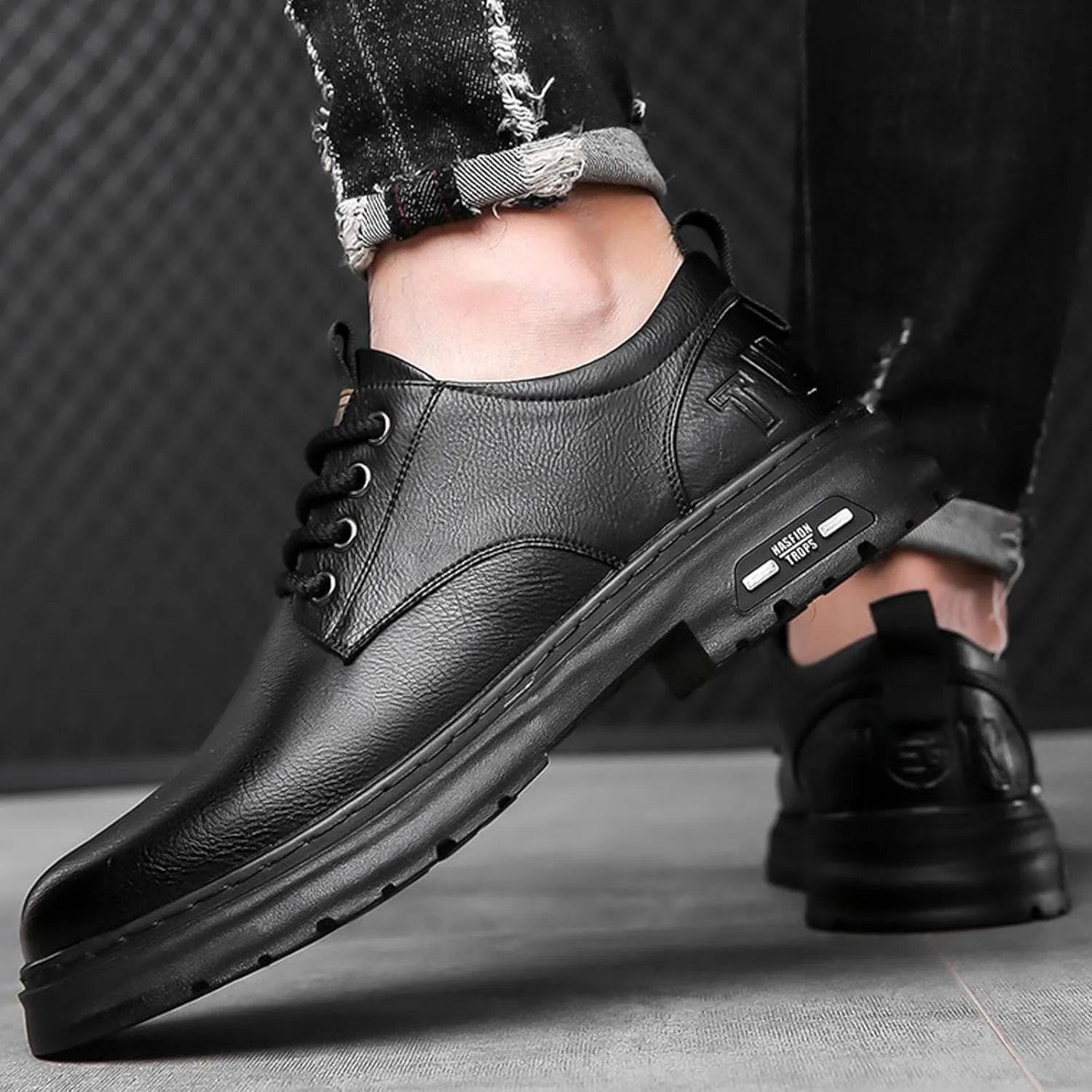 Mens Casual Plain Toe Derby with Comfort Thick Sole Arch Support Leather Shoes for Men Daily Work Supple Business Formal Derby Lacu up Leather Low Top Boots Durable Non Slip Sole