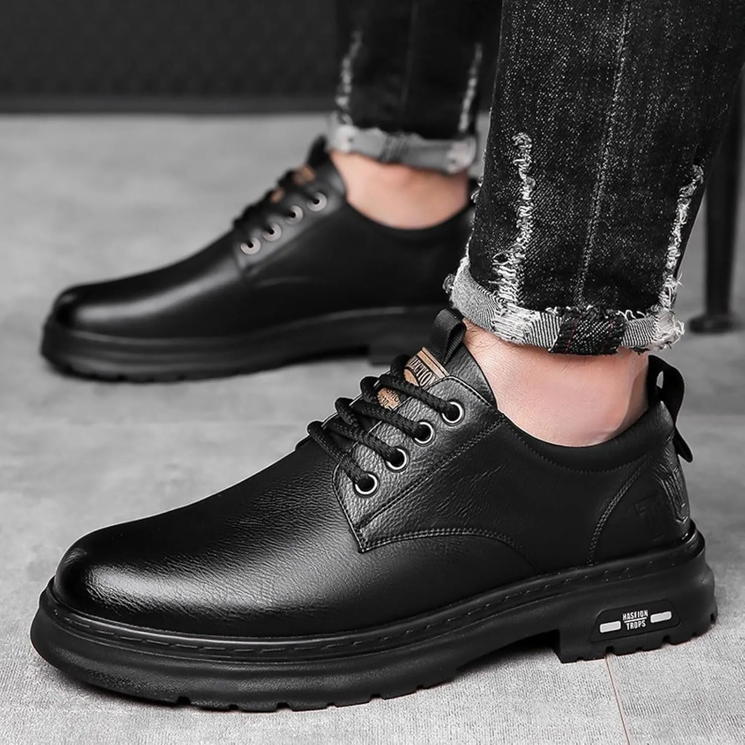Mens Casual Plain Toe Derby with Comfort Thick Sole Arch Support Leather Shoes for Men Daily Work Supple Business Formal Derby Lacu up Leather Low Top Boots Durable Non Slip Sole