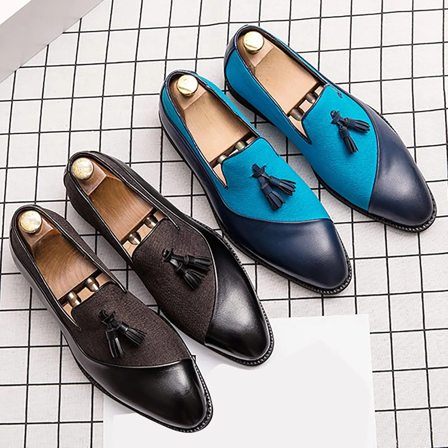 Mens Casual Weding Loafers Arch Support Loafers with Comfort Non Slip Thick Sole Blue Business Leather Shoes for Men Waterproof Dress Shoes Slip on Formal Footwear for Daily Work
