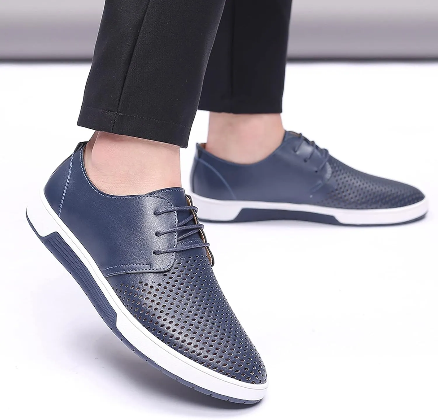 Men's Dress Shoes Wide Width Slip On Summer Style Men's Breathable Comfortable Business Lace Up Leisure Hollow Solid Leather Shoes Men's Comfortable Business Casual Shoes