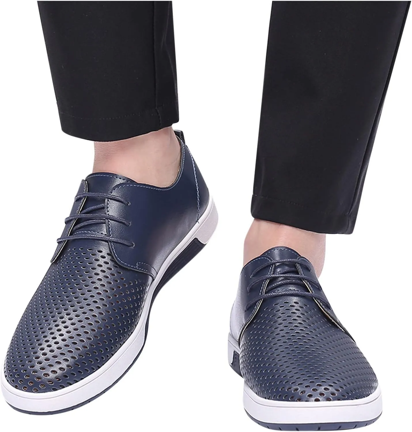 Men's Dress Shoes Wide Width Slip On Summer Style Men's Breathable Comfortable Business Lace Up Leisure Hollow Solid Leather Shoes Men's Comfortable Business Casual Shoes