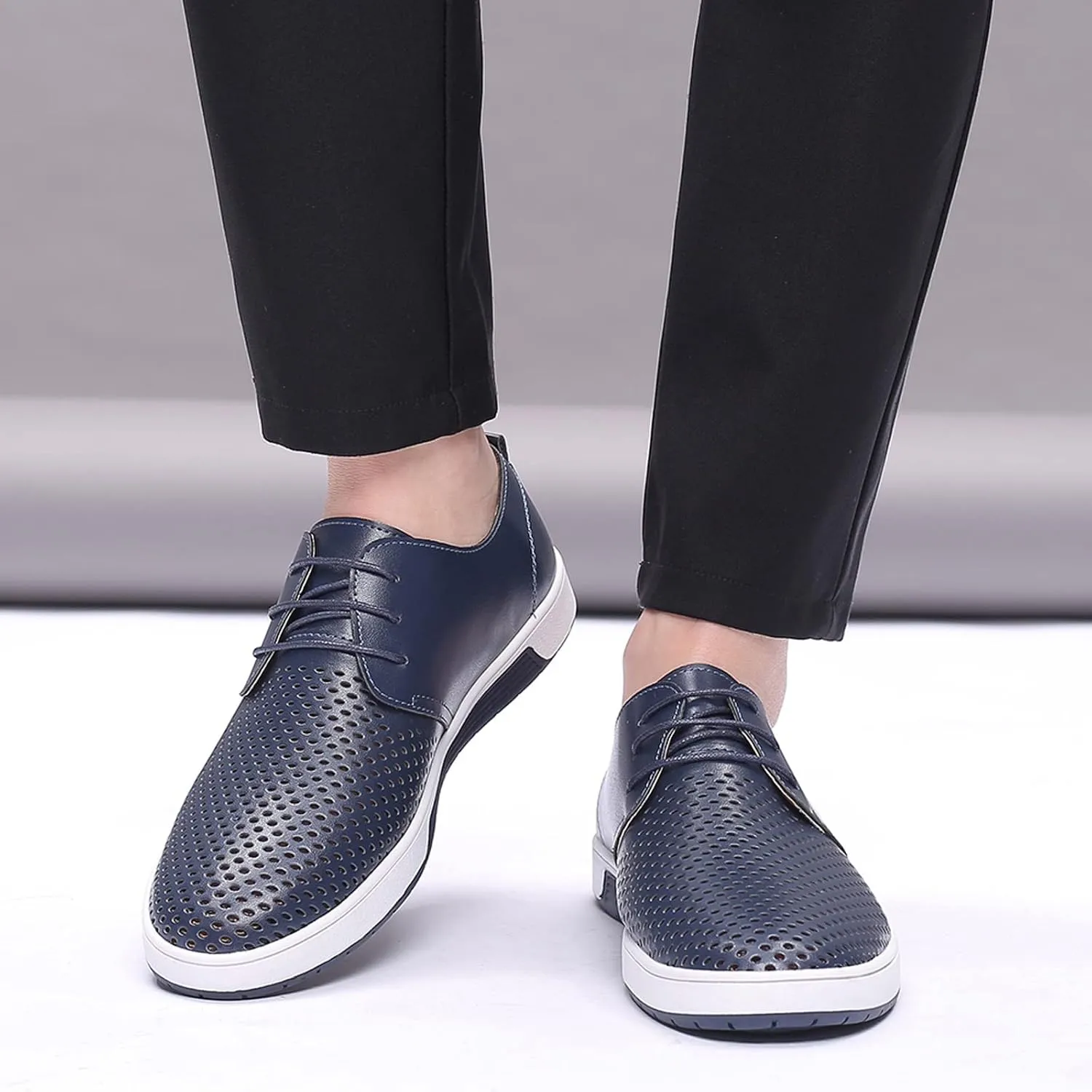 Men's Dress Shoes Wide Width Slip On Summer Style Men's Breathable Comfortable Business Lace Up Leisure Hollow Solid Leather Shoes Men's Comfortable Business Casual Shoes