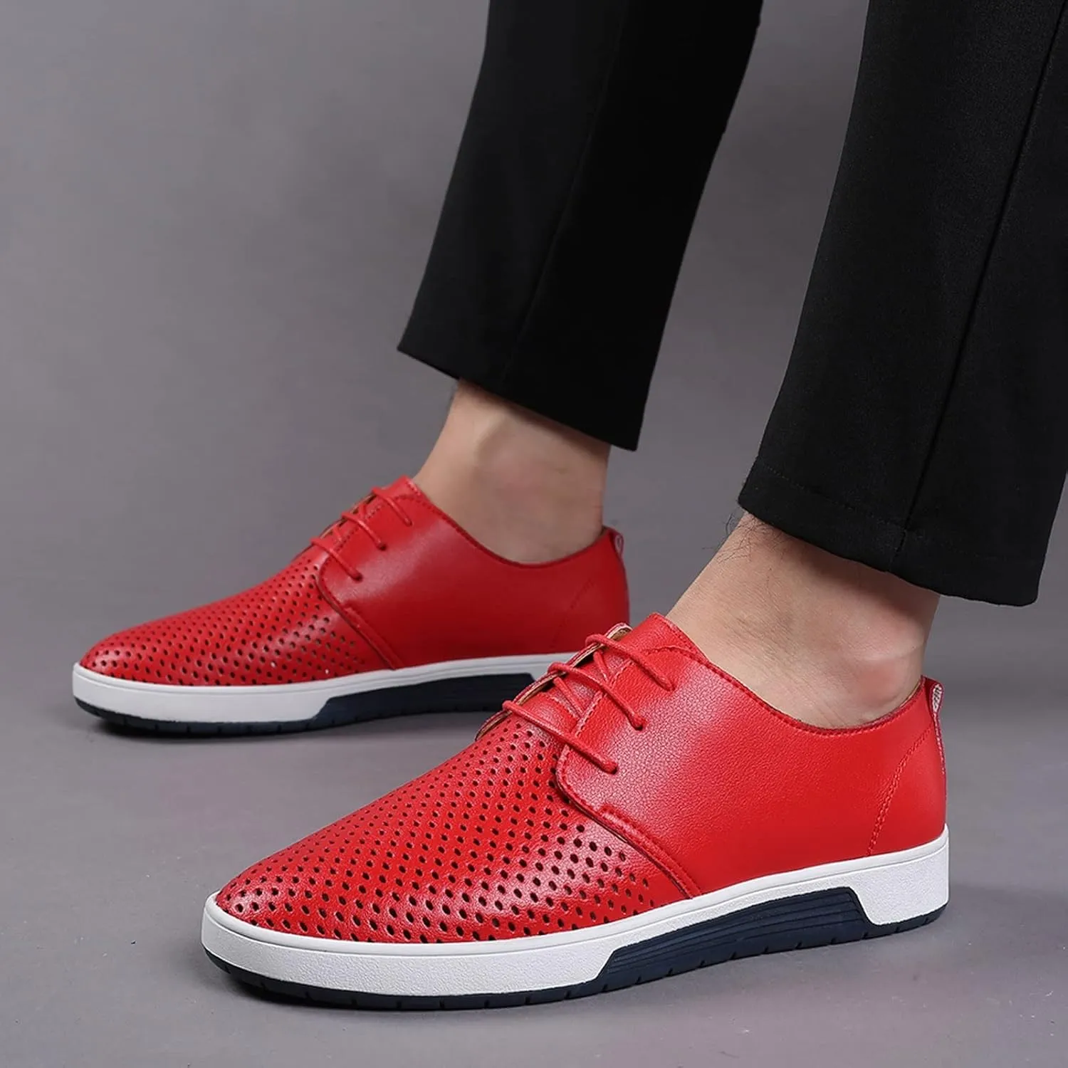 Men's Dress Shoes Wide Width Slip On Summer Style Men's Breathable Comfortable Business Lace Up Leisure Hollow Solid Leather Shoes Men's Comfortable Business Casual Shoes