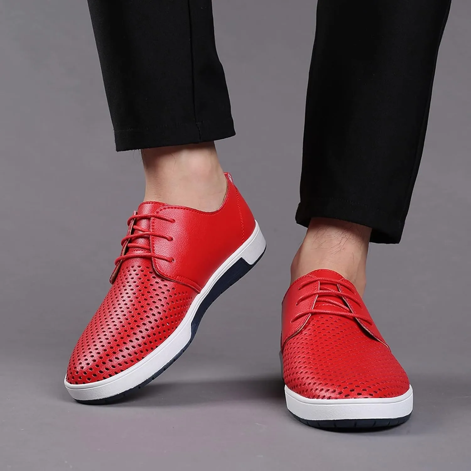 Men's Dress Shoes Wide Width Slip On Summer Style Men's Breathable Comfortable Business Lace Up Leisure Hollow Solid Leather Shoes Men's Comfortable Business Casual Shoes