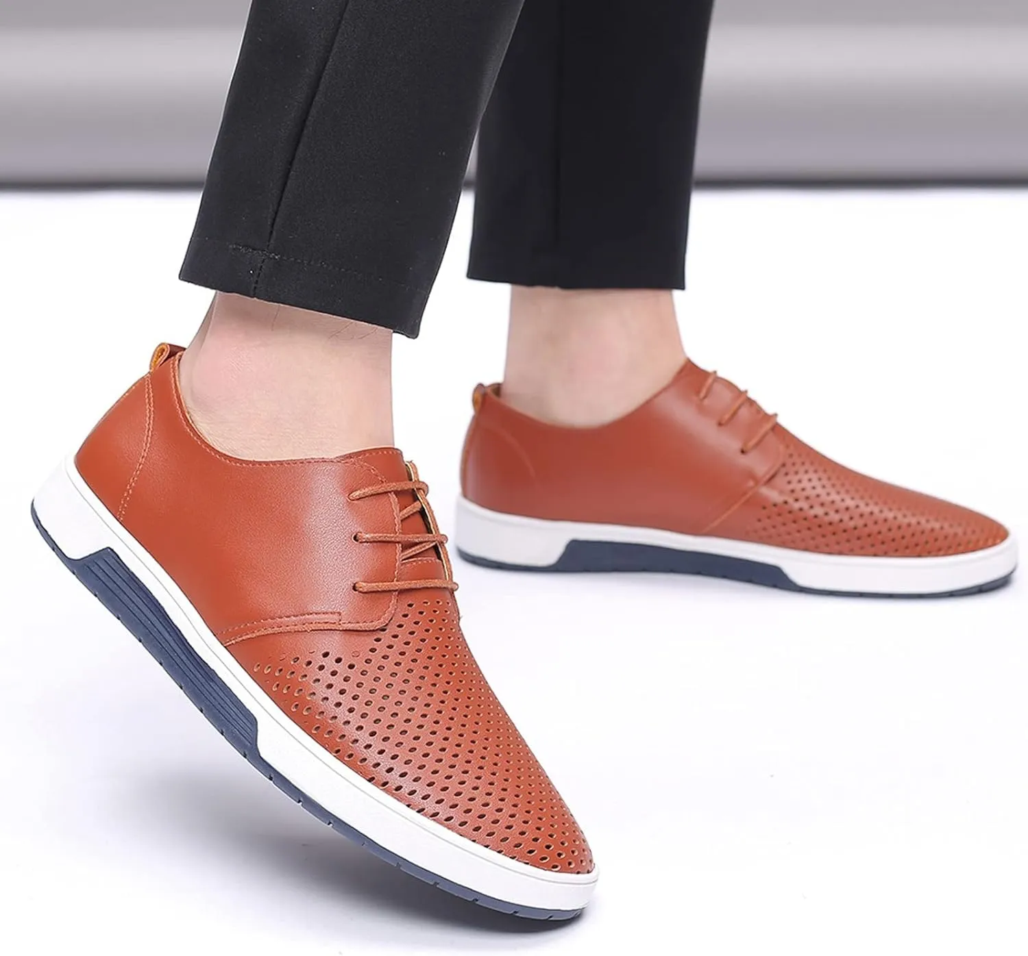 Men's Dress Shoes Wide Width Slip On Summer Style Men's Breathable Comfortable Business Lace Up Leisure Hollow Solid Leather Shoes Men's Comfortable Business Casual Shoes