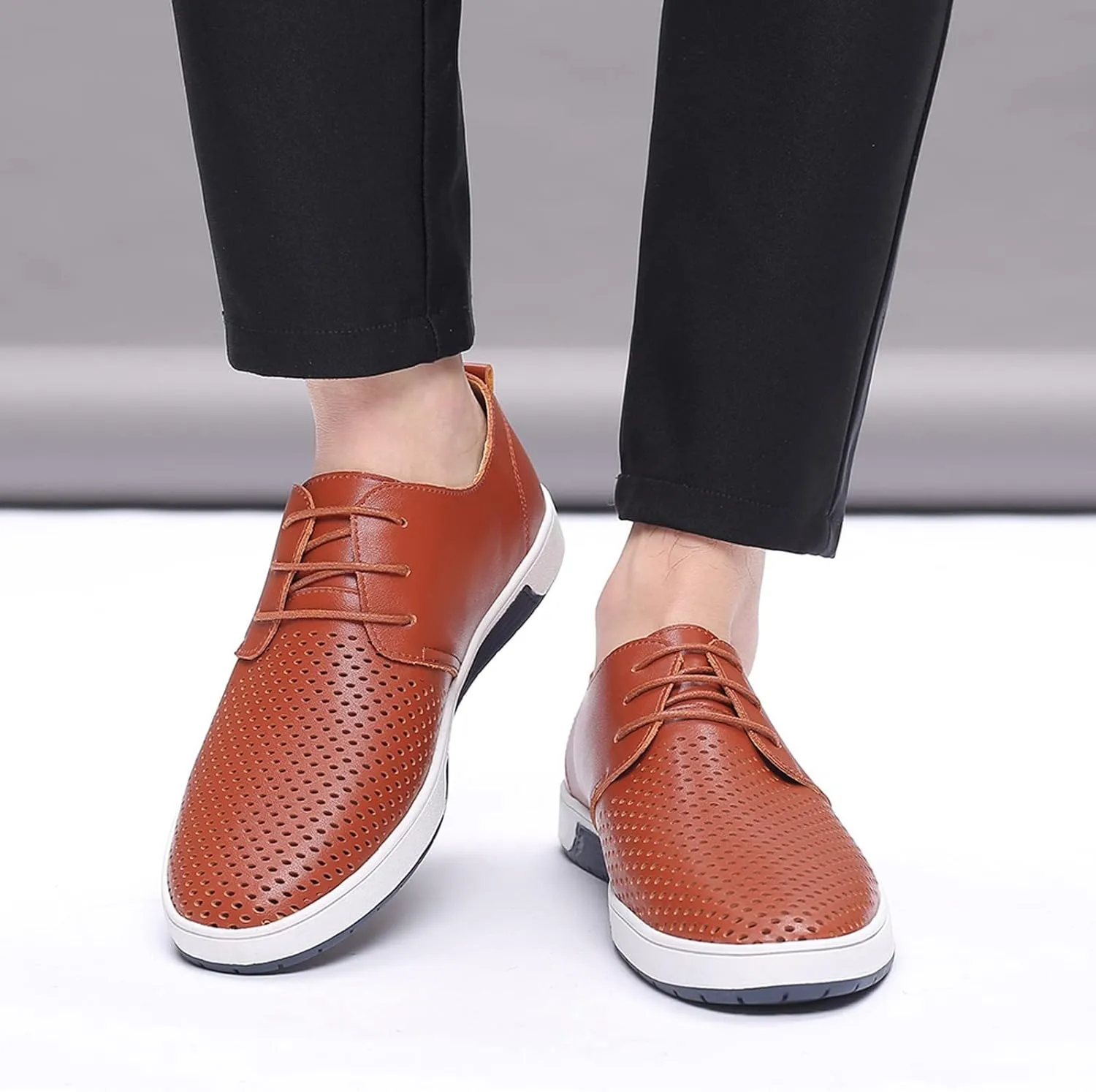 Men's Dress Shoes Wide Width Slip On Summer Style Men's Breathable Comfortable Business Lace Up Leisure Hollow Solid Leather Shoes Men's Comfortable Business Casual Shoes