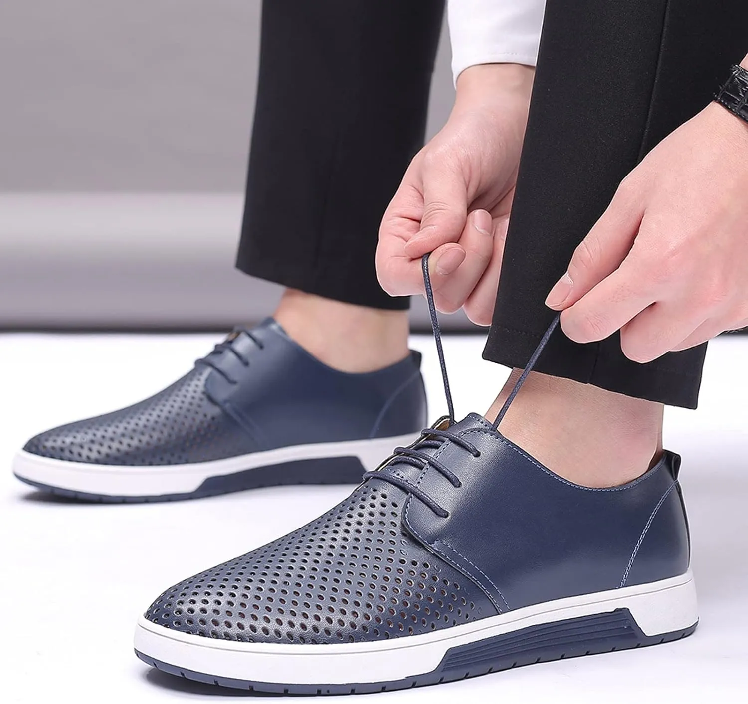 Men's Dress Shoes Wide Width Slip On Summer Style Men's Breathable Comfortable Business Lace Up Leisure Hollow Solid Leather Shoes Men's Comfortable Business Casual Shoes