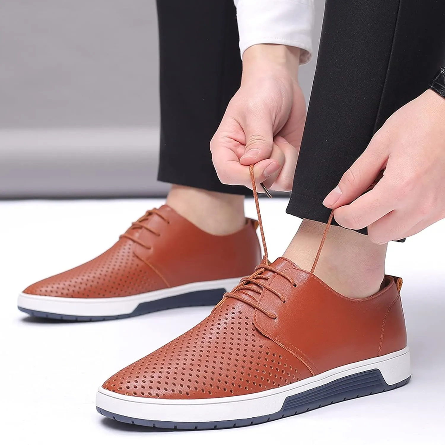 Men's Dress Shoes Wide Width Slip On Summer Style Men's Breathable Comfortable Business Lace Up Leisure Hollow Solid Leather Shoes Men's Comfortable Business Casual Shoes
