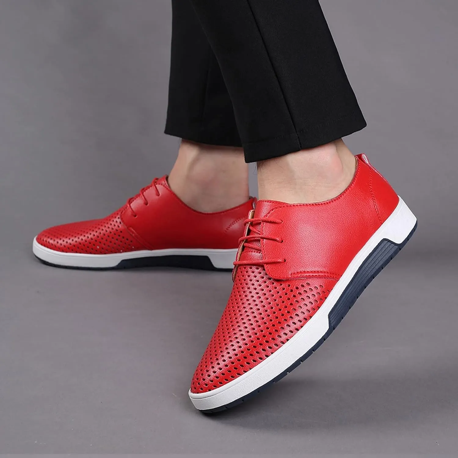 Men's Dress Shoes Wide Width Slip On Summer Style Men's Breathable Comfortable Business Lace Up Leisure Hollow Solid Leather Shoes Men's Comfortable Business Casual Shoes