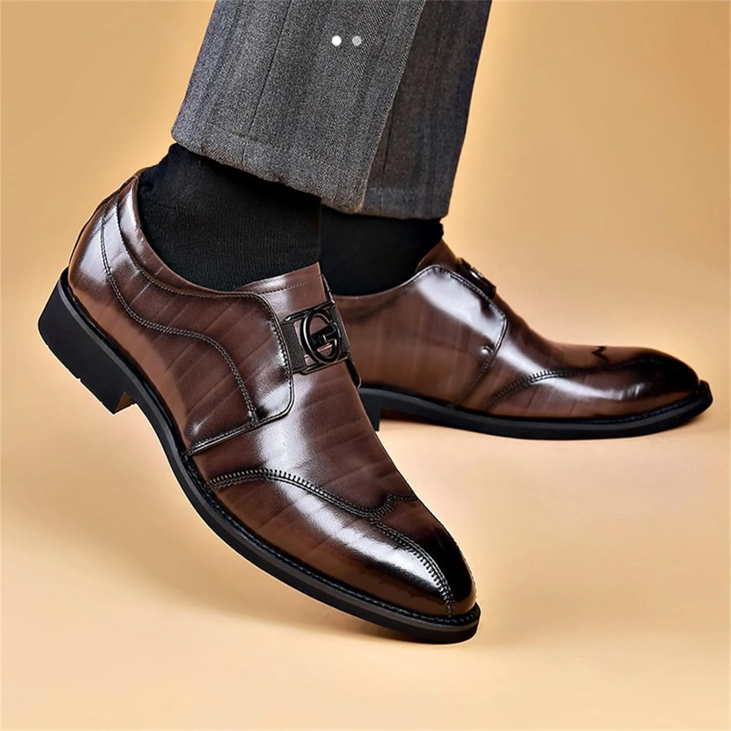 Mens Elegant Business Formal Shoes Low Heel Non Slip Dress Leather Shoes Men Comfortble Slip on Business Dress Shoe Arch Support Walking Leather Shoe Retro Formal Footwear Office Work