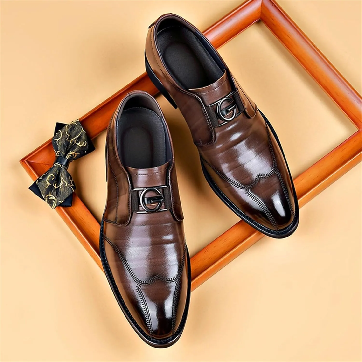 Mens Elegant Business Formal Shoes Low Heel Non Slip Dress Leather Shoes Men Comfortble Slip on Business Dress Shoe Arch Support Walking Leather Shoe Retro Formal Footwear Office Work