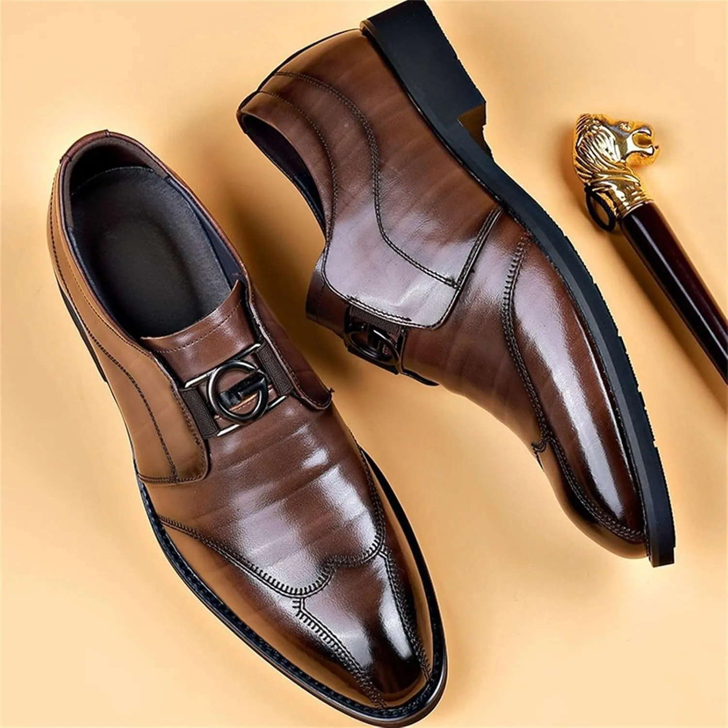 Mens Elegant Business Formal Shoes Low Heel Non Slip Dress Leather Shoes Men Comfortble Slip on Business Dress Shoe Arch Support Walking Leather Shoe Retro Formal Footwear Office Work