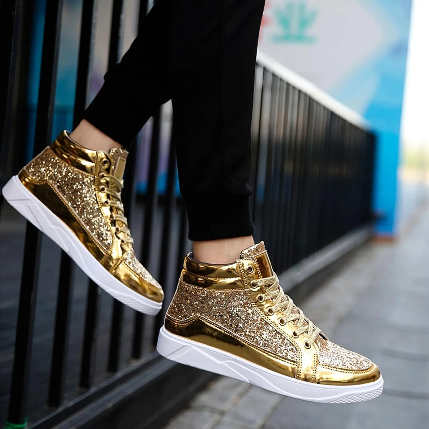 Men's Fashion Bright Leather with Sequin Thick Soled High Top Casual Shoes Comfortable Sneakers Shoes Men Classic Leather Sneaker