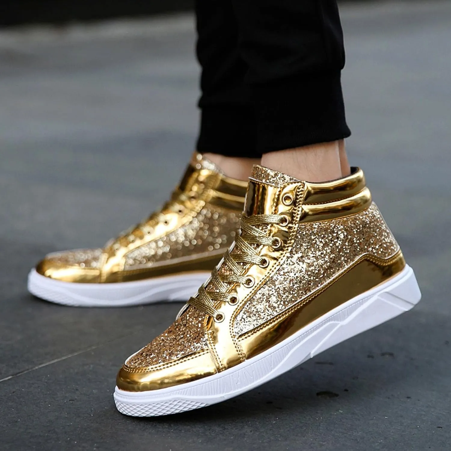 Men's Fashion Bright Leather with Sequin Thick Soled High Top Casual Shoes Comfortable Sneakers Shoes Men Classic Leather Sneaker