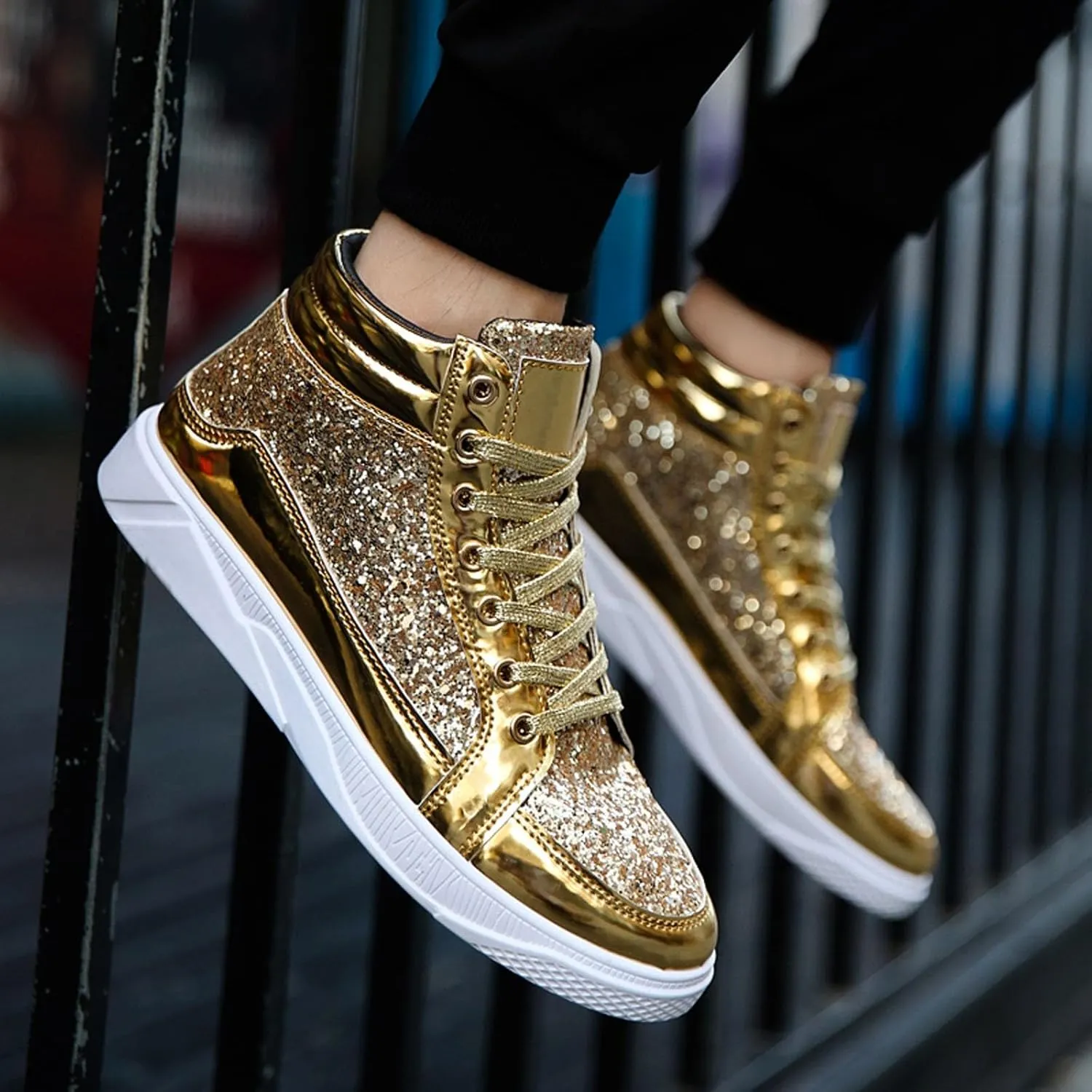 Men's Fashion Bright Leather with Sequin Thick Soled High Top Casual Shoes Comfortable Sneakers Shoes Men Classic Leather Sneaker
