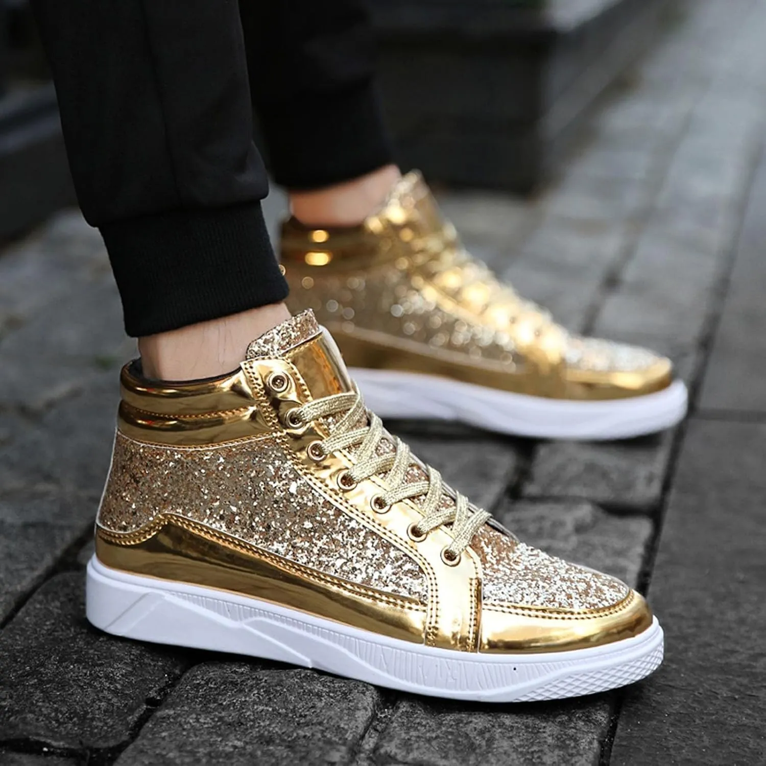 Men's Fashion Bright Leather with Sequin Thick Soled High Top Casual Shoes Comfortable Sneakers Shoes Men Classic Leather Sneaker