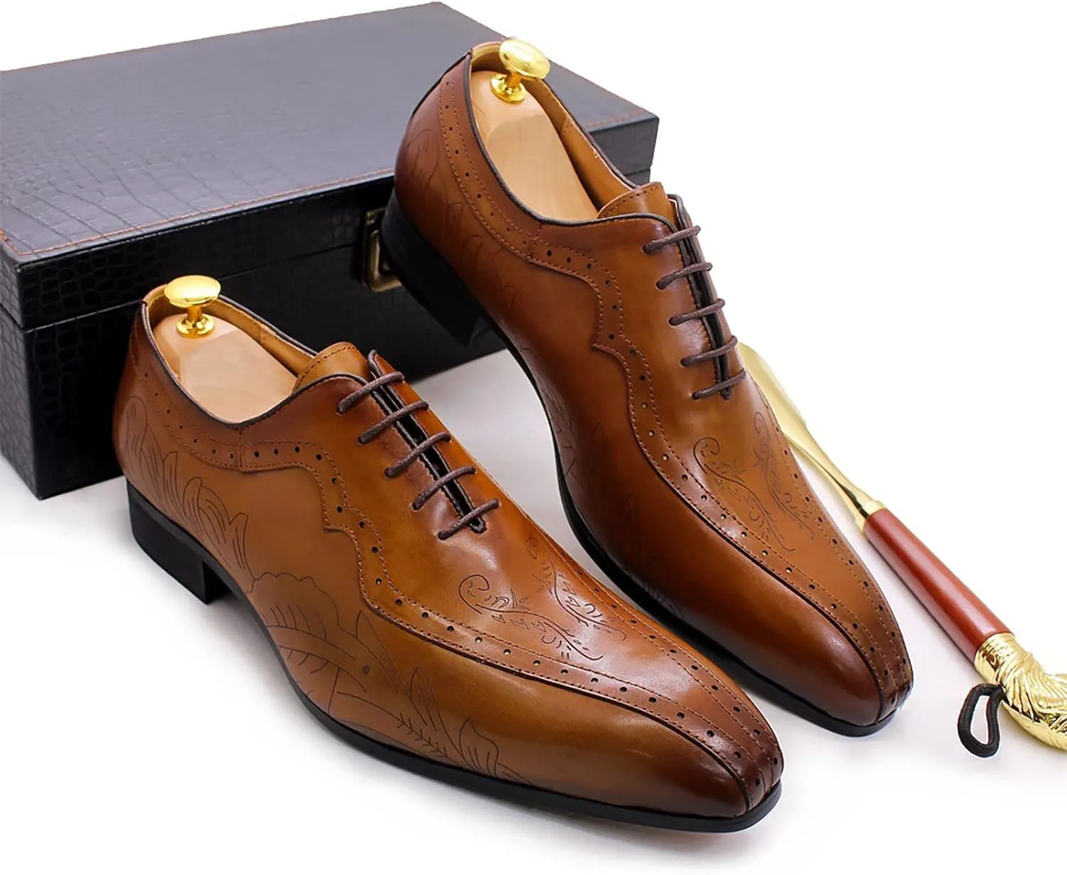 Men's Formal Dress Shoes Breathable Brogues Derbys Classic Oxfords Leather Lace-ups,Brown-40