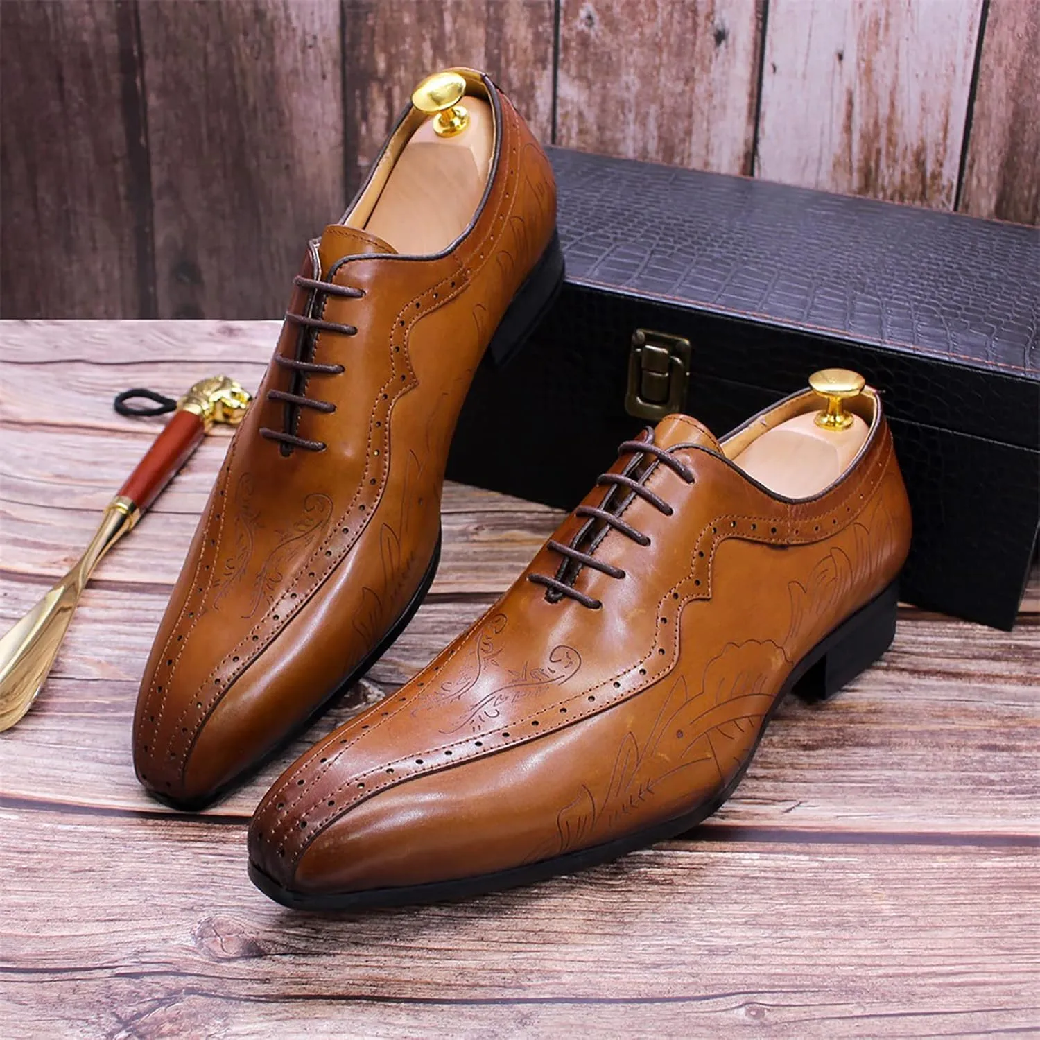 Men's Formal Dress Shoes Breathable Brogues Derbys Classic Oxfords Leather Lace-ups,Brown-40
