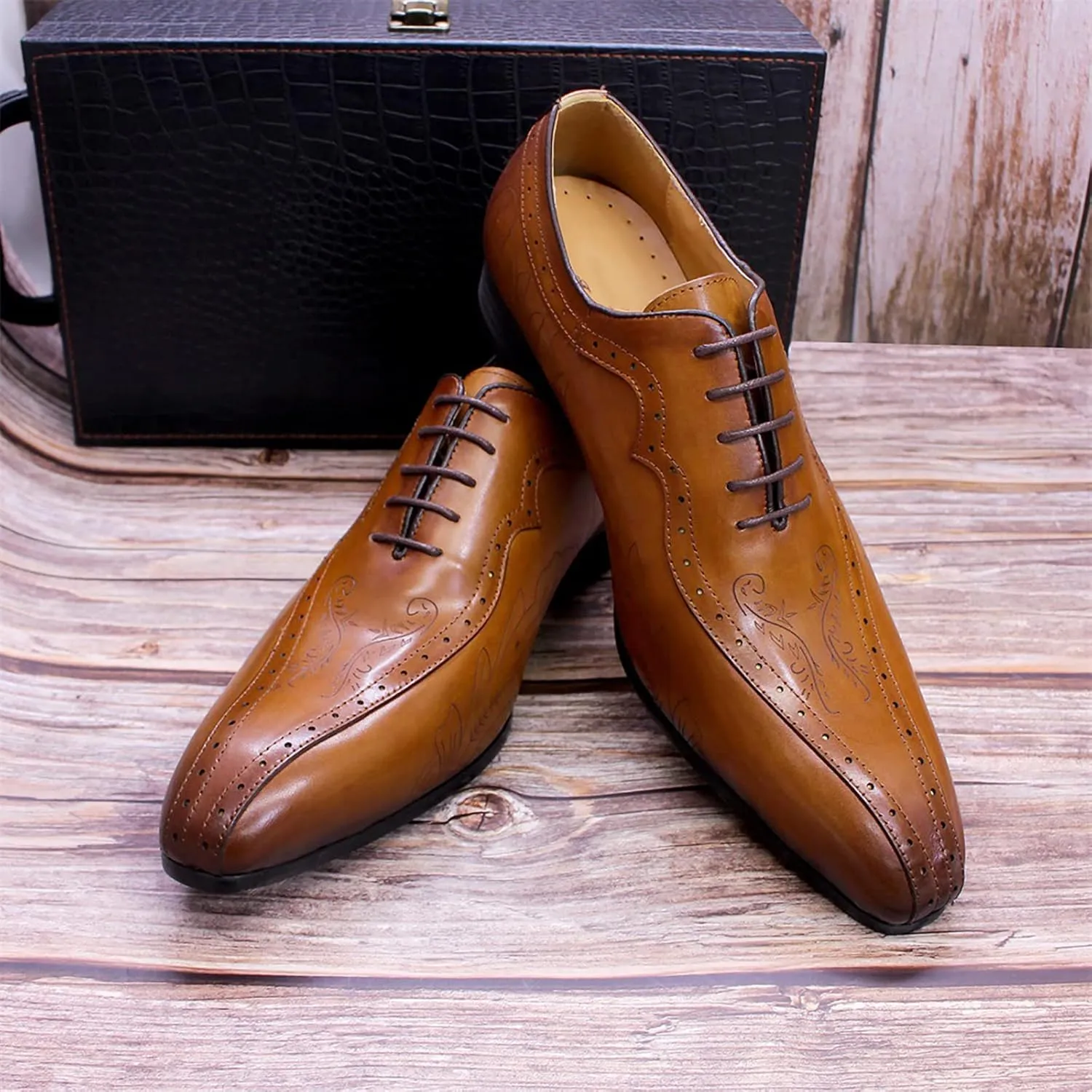 Men's Formal Dress Shoes Breathable Brogues Derbys Classic Oxfords Leather Lace-ups,Brown-40