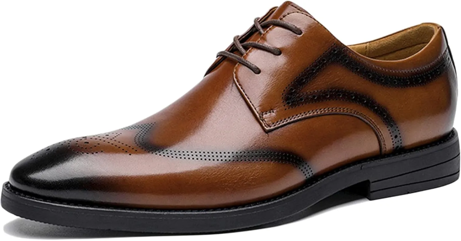 Men's Leather Brown Dress Oxfords Business Wingtip Shoe Classic Wedding Formal Lace Up Leather Shoes for Prom Party Brown- US10/UK9/EU43