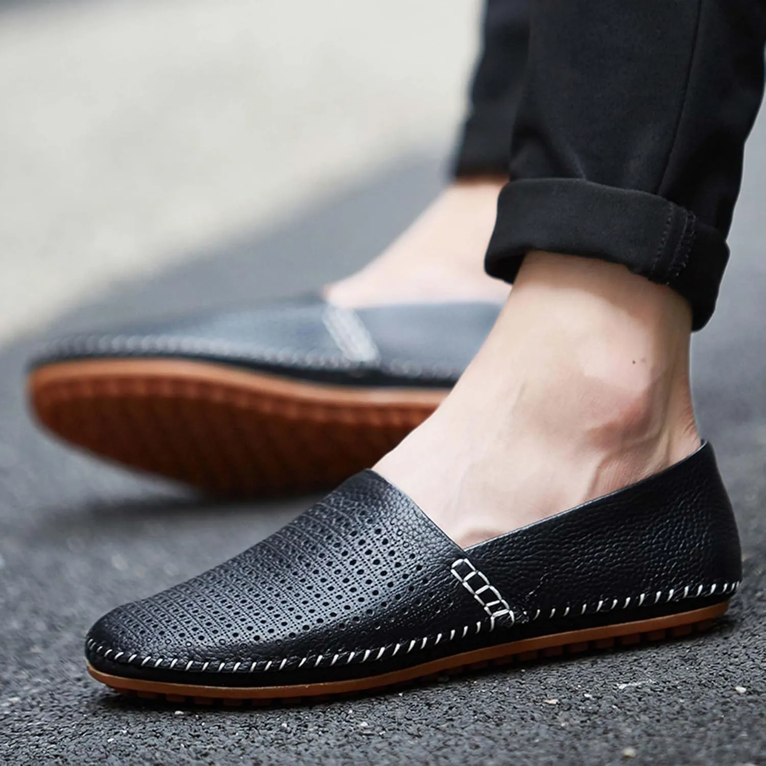 Men's Leather Loafers, Casual Flats, Lightweight Design, Hand-Stitched, Comfortable, Soft, Stylish, Suitable for Daily Travel, Driving, Going Out, Dating and Other Occasions wear All Seasons