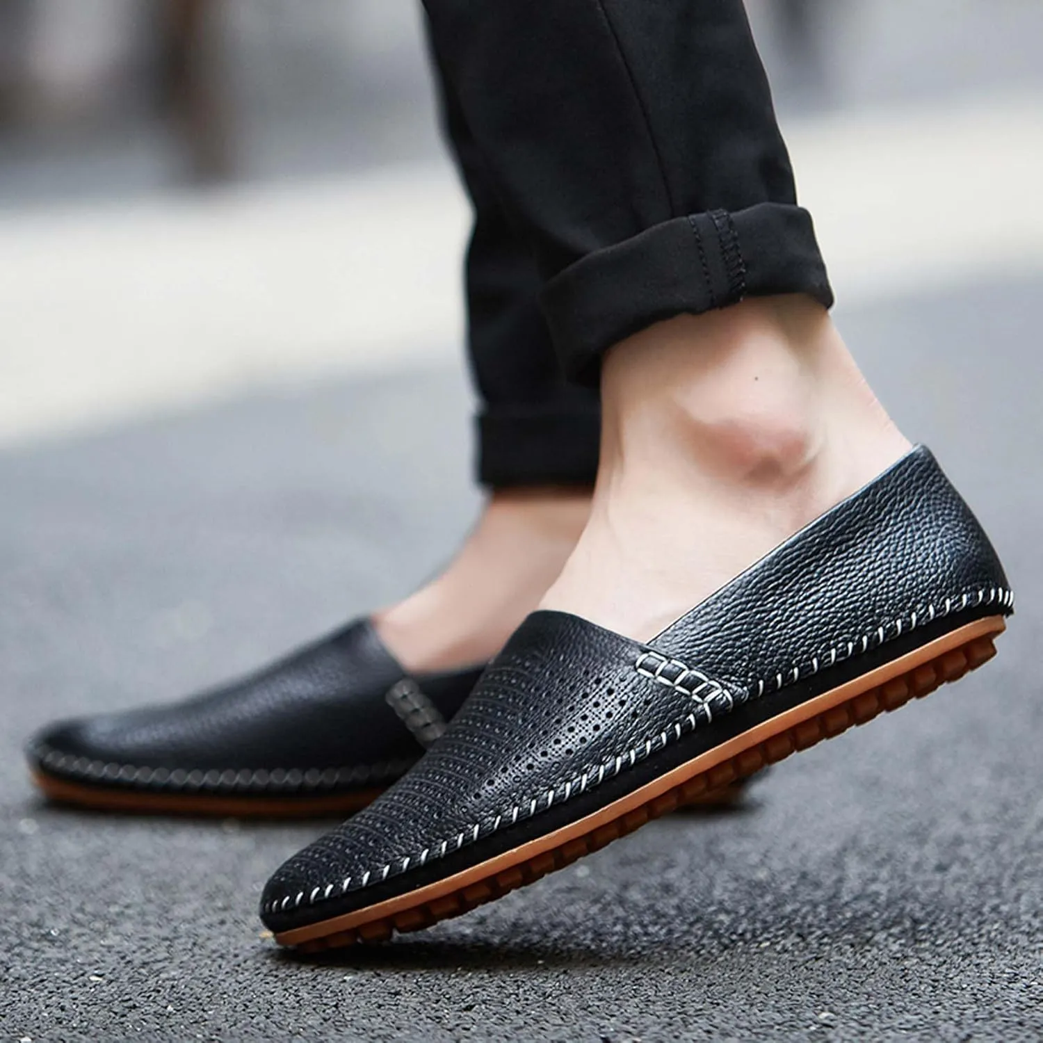 Men's Leather Loafers, Casual Flats, Lightweight Design, Hand-Stitched, Comfortable, Soft, Stylish, Suitable for Daily Travel, Driving, Going Out, Dating and Other Occasions wear All Seasons