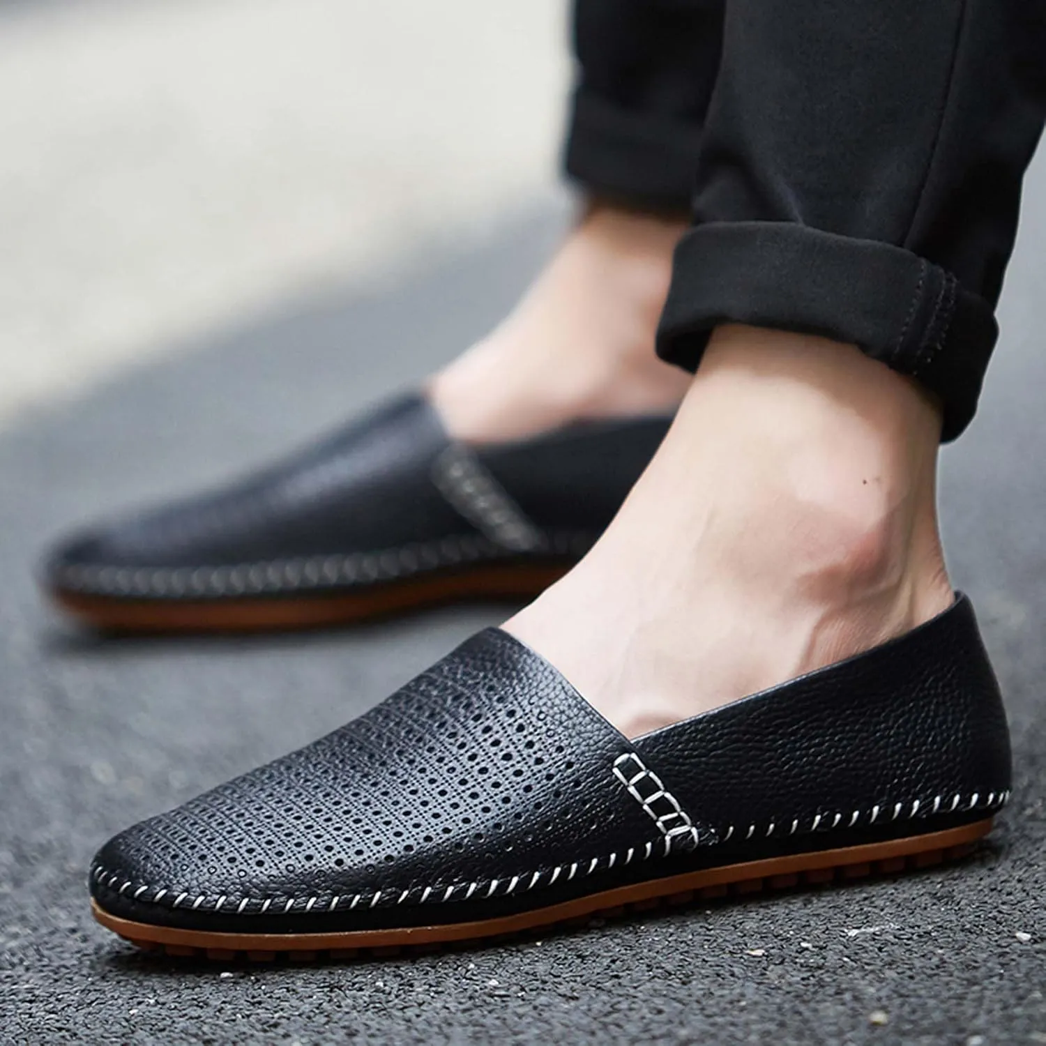 Men's Leather Loafers, Casual Flats, Lightweight Design, Hand-Stitched, Comfortable, Soft, Stylish, Suitable for Daily Travel, Driving, Going Out, Dating and Other Occasions wear All Seasons