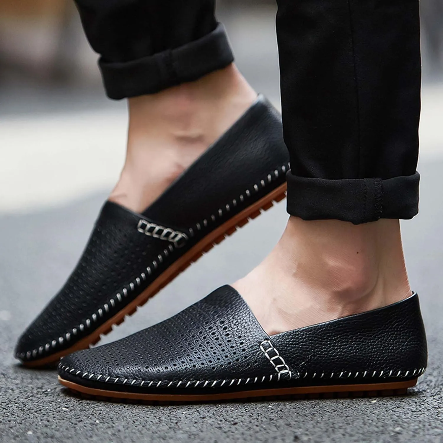Men's Leather Loafers, Casual Flats, Lightweight Design, Hand-Stitched, Comfortable, Soft, Stylish, Suitable for Daily Travel, Driving, Going Out, Dating and Other Occasions wear All Seasons