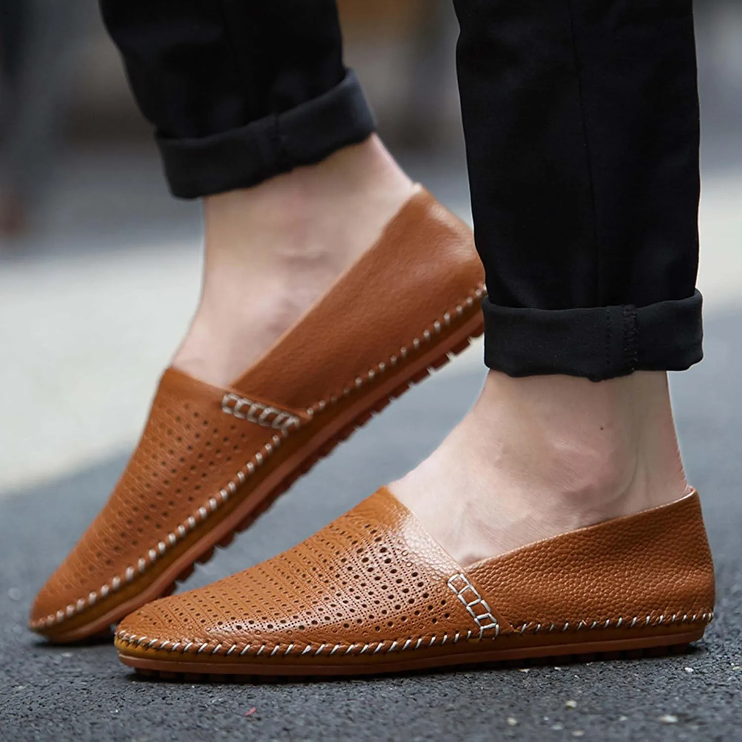 Men's Leather Loafers, Casual Flats, Lightweight Design, Hand-Stitched, Comfortable, Soft, Stylish, Suitable for Daily Travel, Driving, Going Out, Dating and Other Occasions wear All Seasons