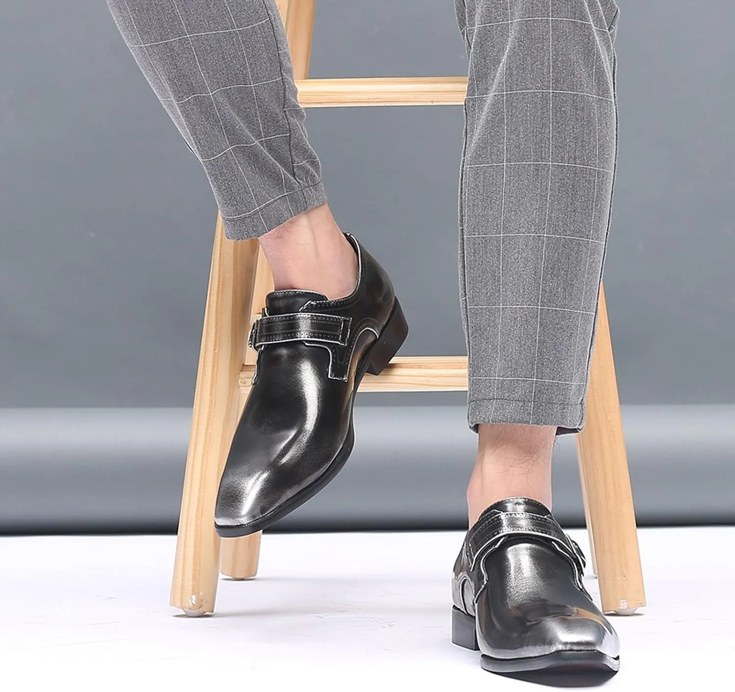 Mens Single Buckle Monk Strap Mens Casual Monk Shoes Arch Support Business Formal Shoe Patent Leather Dress Shoe Pointed Toe Dressy Footwear Man Slip on Formal Footwear for Work Office