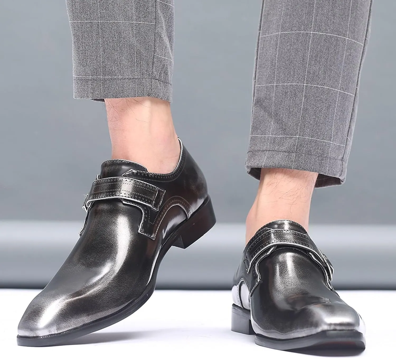 Mens Single Buckle Monk Strap Mens Casual Monk Shoes Arch Support Business Formal Shoe Patent Leather Dress Shoe Pointed Toe Dressy Footwear Man Slip on Formal Footwear for Work Office