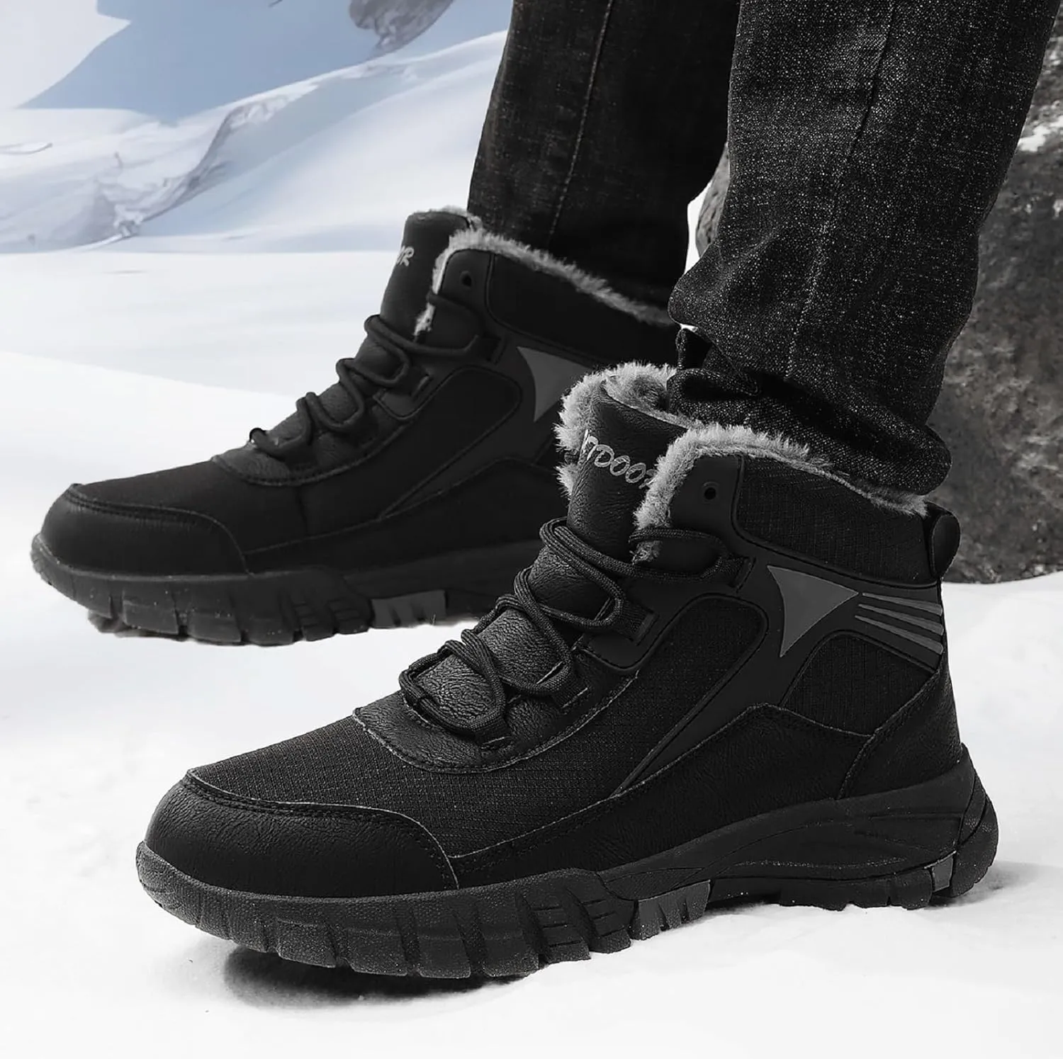 Mens Snow Boots Winter Warm Wool Lining Outdoor Anti Slip Lace up Waterproof Fashion Hiking Boots
