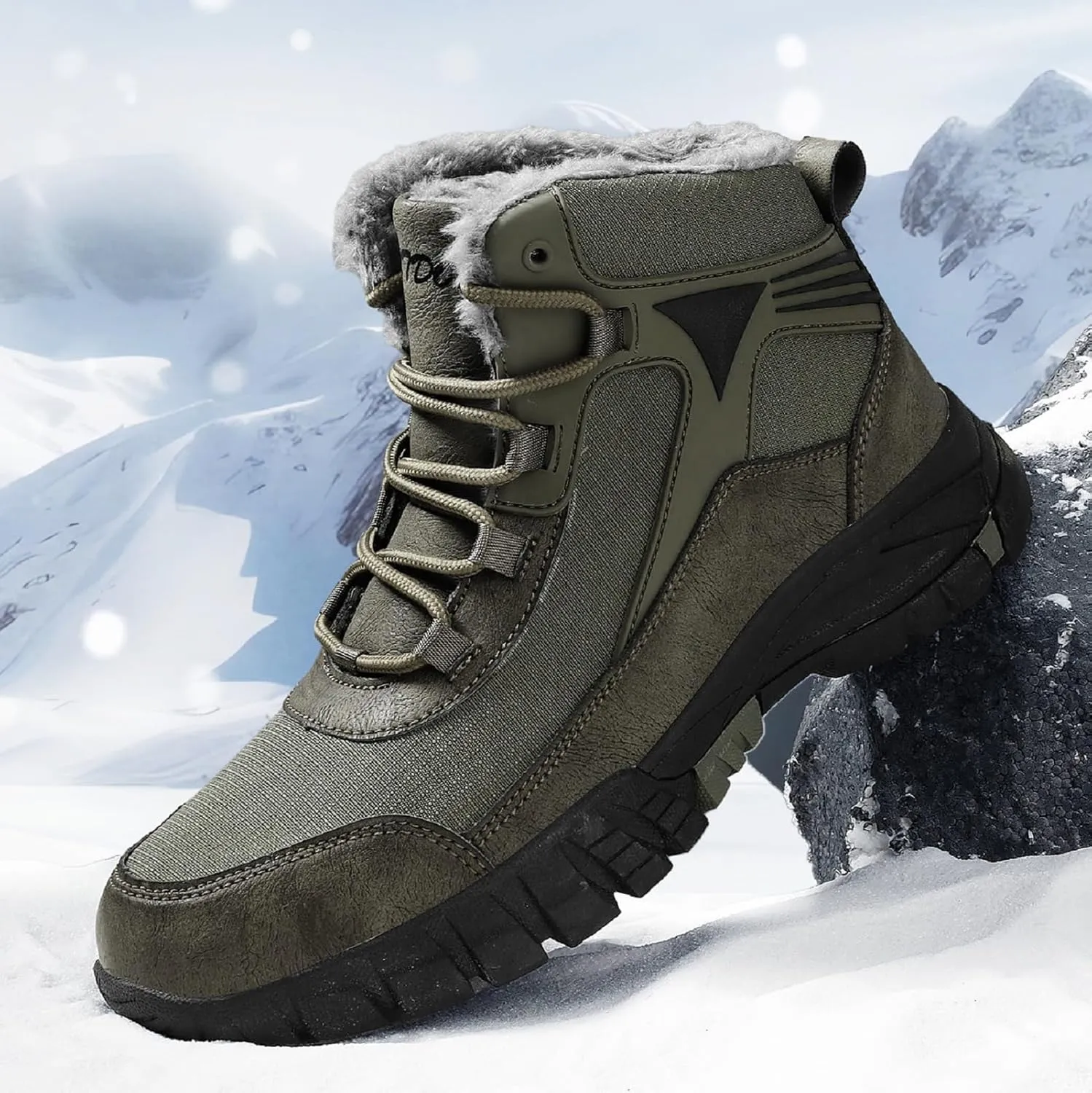 Mens Snow Boots Winter Warm Wool Lining Outdoor Anti Slip Lace up Waterproof Fashion Hiking Boots