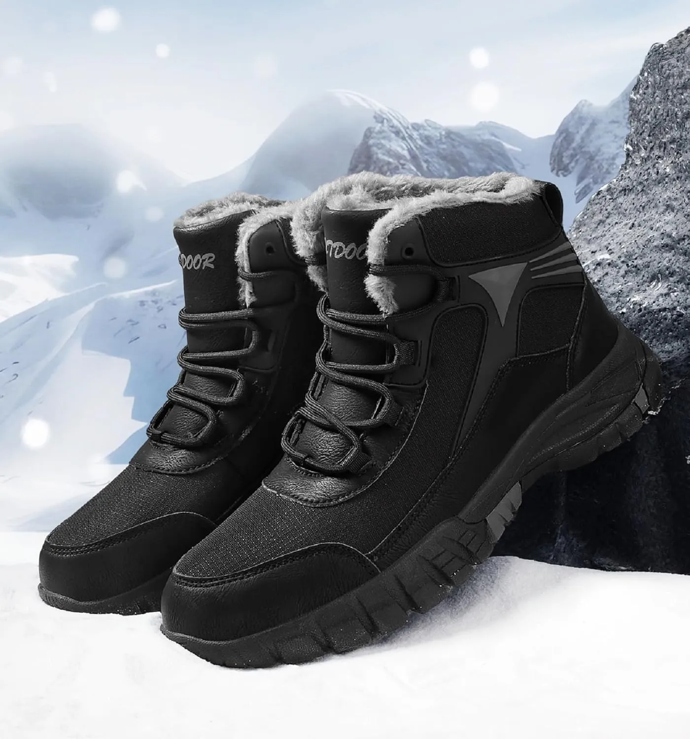 Mens Snow Boots Winter Warm Wool Lining Outdoor Anti Slip Lace up Waterproof Fashion Hiking Boots