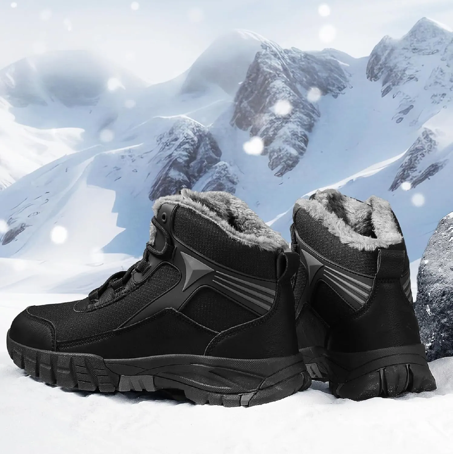 Mens Snow Boots Winter Warm Wool Lining Outdoor Anti Slip Lace up Waterproof Fashion Hiking Boots