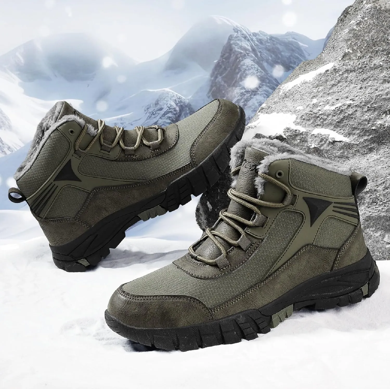 Mens Snow Boots Winter Warm Wool Lining Outdoor Anti Slip Lace up Waterproof Fashion Hiking Boots