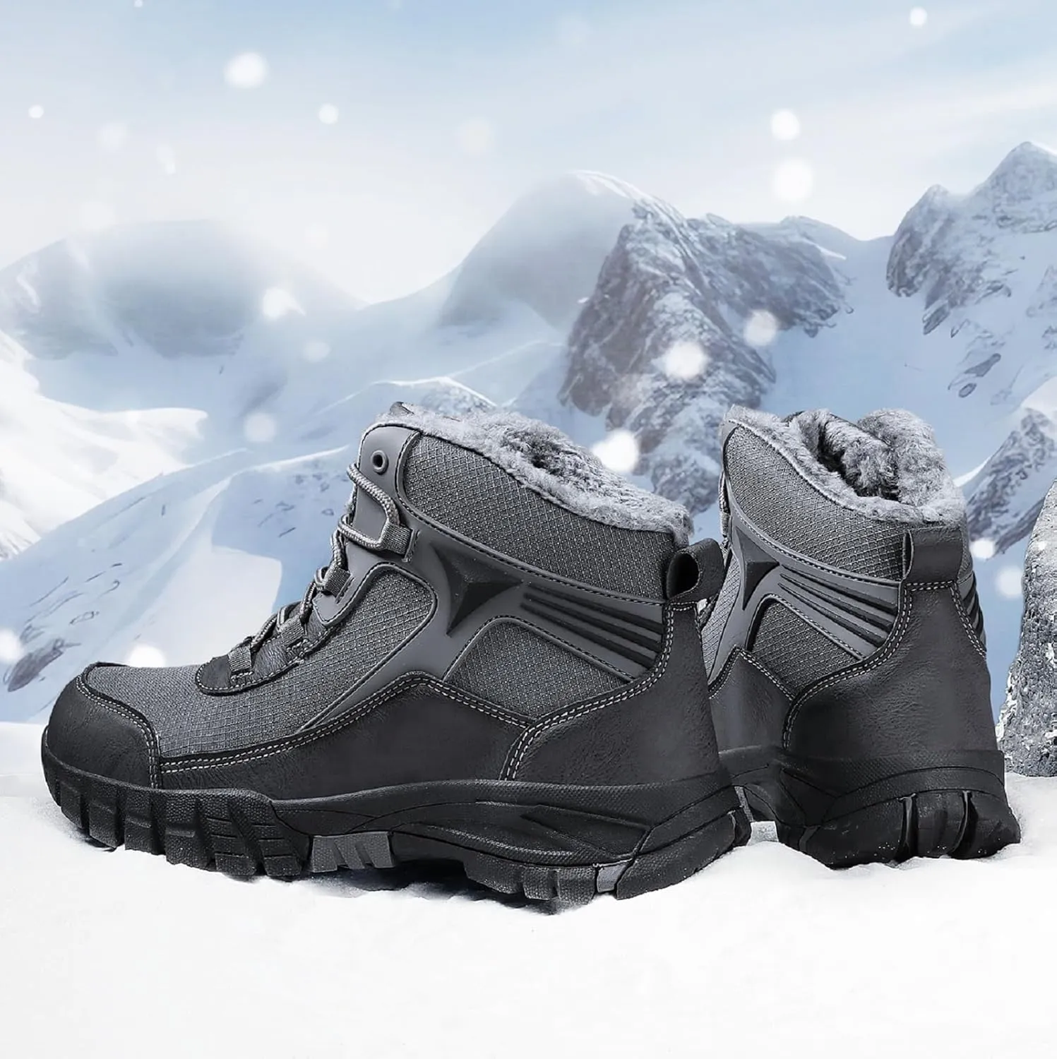 Mens Snow Boots Winter Warm Wool Lining Outdoor Anti Slip Lace up Waterproof Fashion Hiking Boots