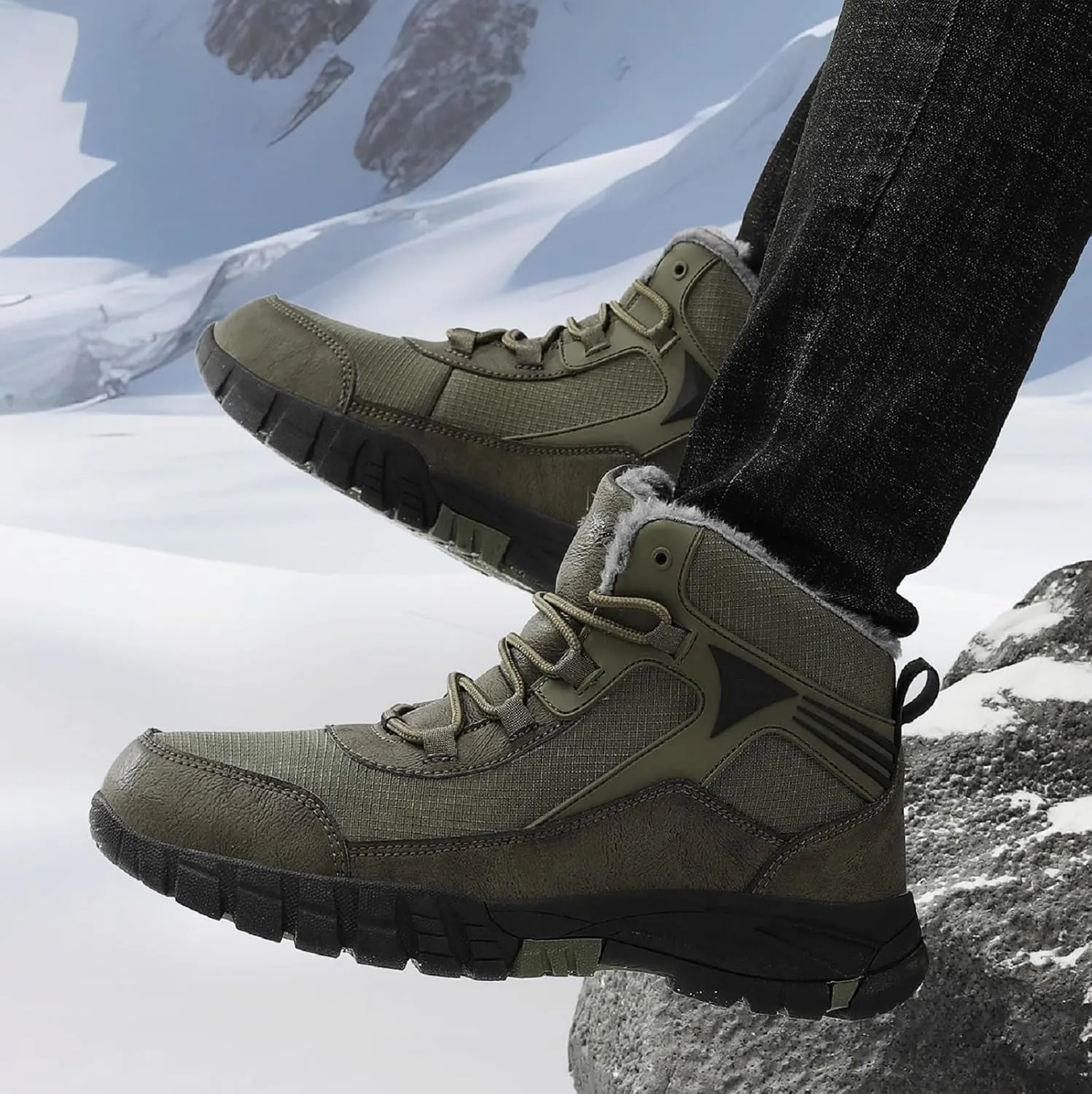 Mens Snow Boots Winter Warm Wool Lining Outdoor Anti Slip Lace up Waterproof Fashion Hiking Boots