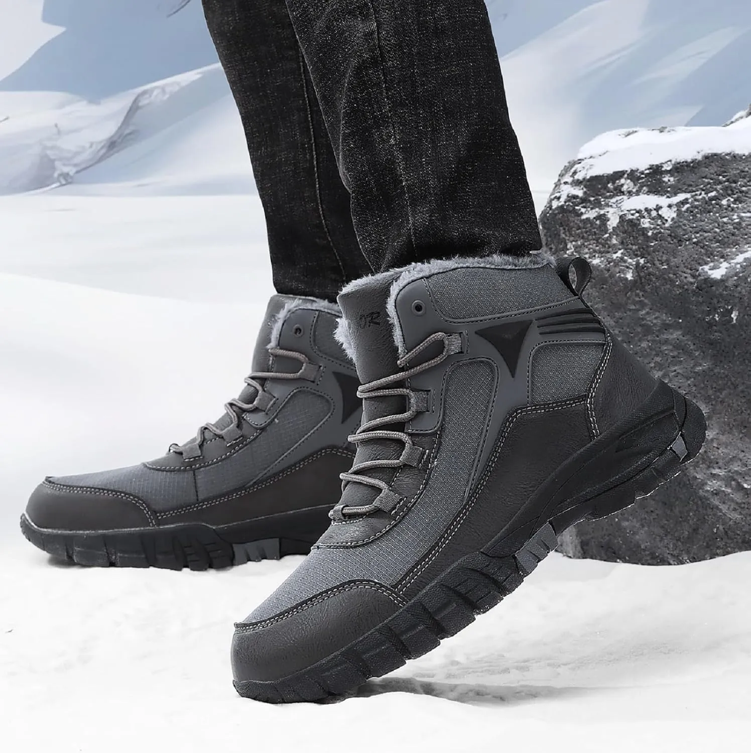 Mens Snow Boots Winter Warm Wool Lining Outdoor Anti Slip Lace up Waterproof Fashion Hiking Boots