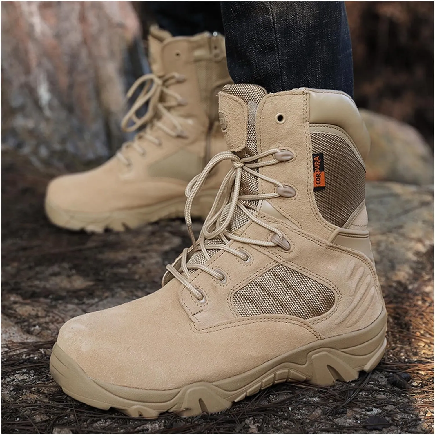 Mens tactical boots combat boots 8 Inches work boots for men Durable Side Zipper Military Boots Suede Lightweight Boots