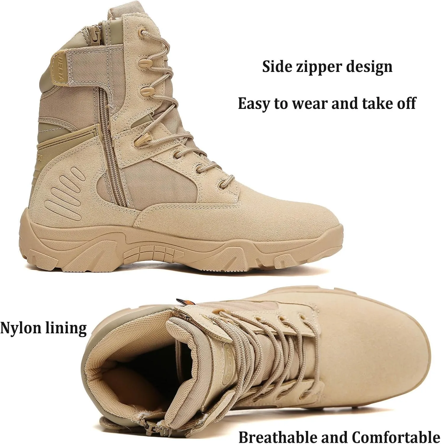 Mens tactical boots combat boots 8 Inches work boots for men Durable Side Zipper Military Boots Suede Lightweight Boots
