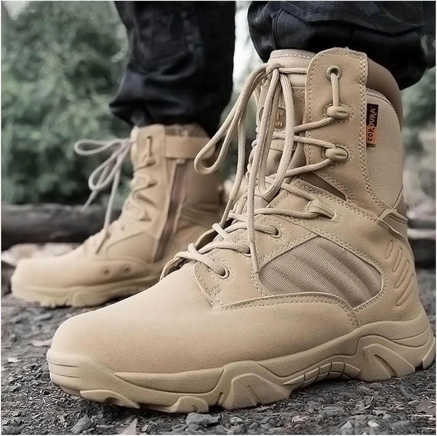 Mens tactical boots combat boots 8 Inches work boots for men Durable Side Zipper Military Boots Suede Lightweight Boots