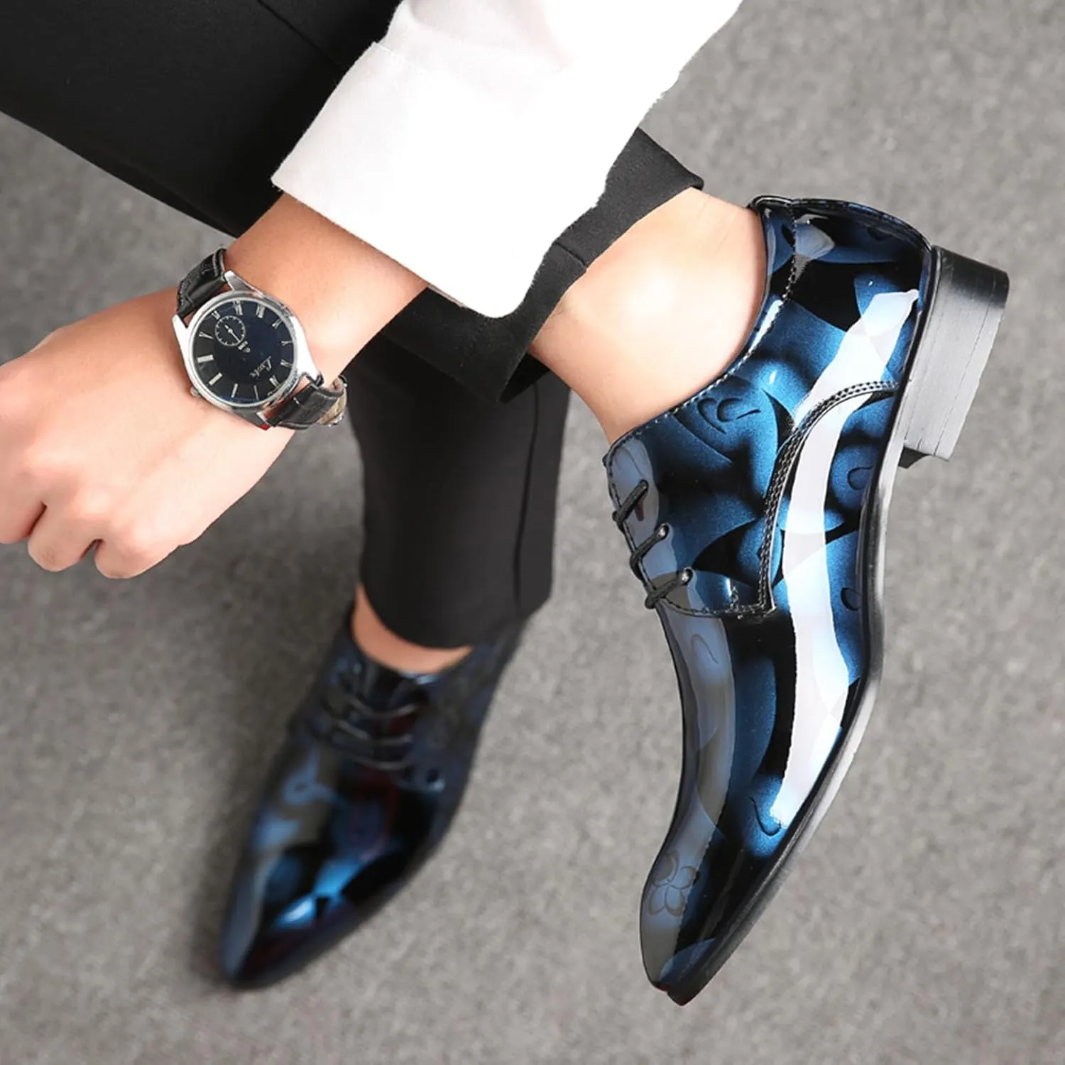 Men's Tuxedo Oxford Shoes Pointed-Toe Lace-up Patent Leather Formal Shoes Fashion Prom Wedding Dress Shoes for Men