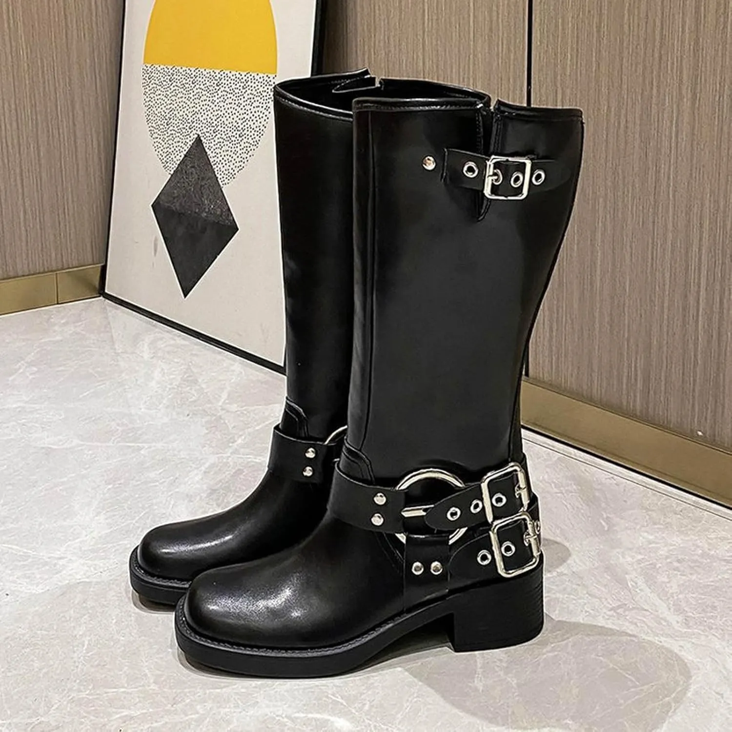 Mid Calf Boots for Women Women's Retro Street Boots Belt Buckle Tall Knight Boots Chunky Heel Fashion Leather Boots