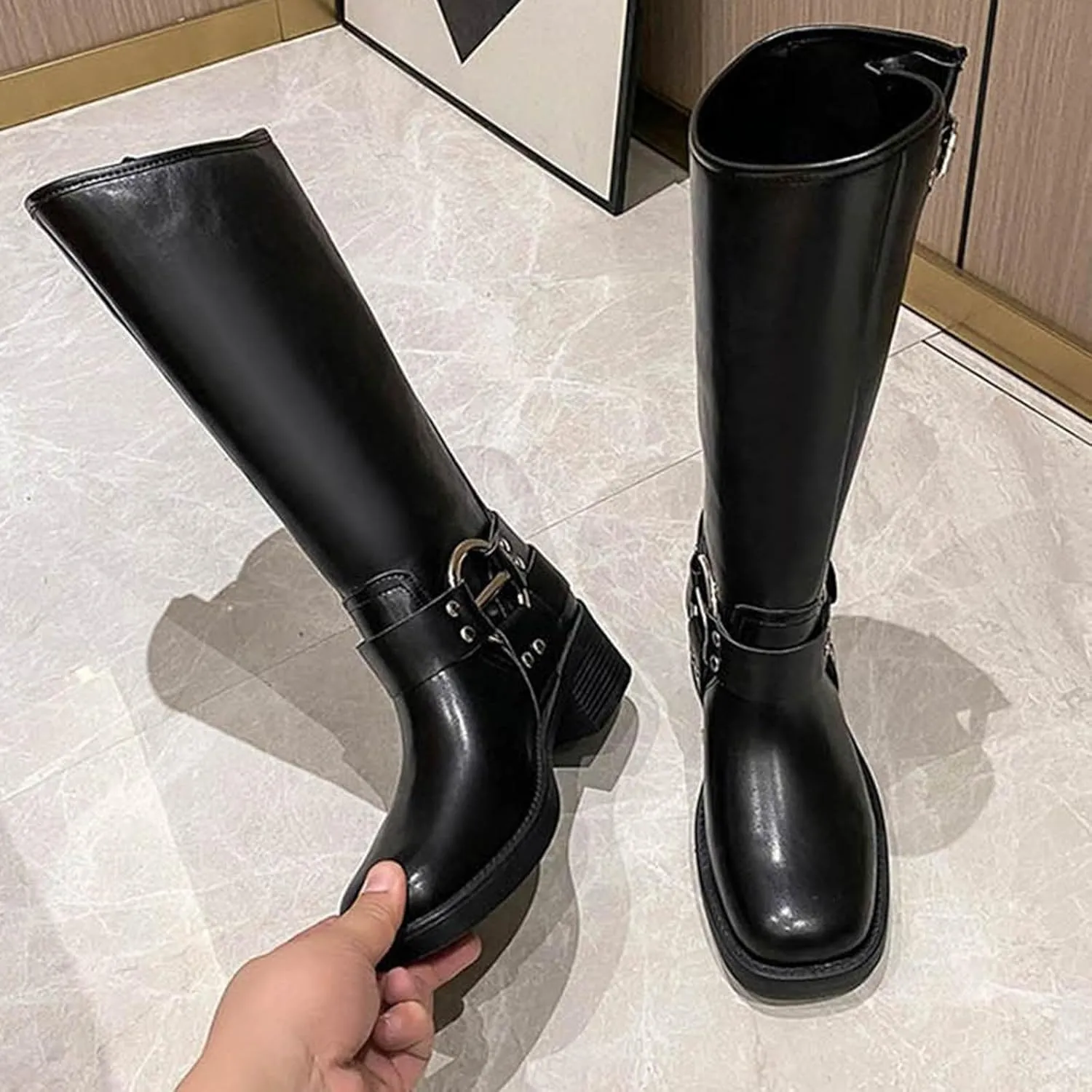 Mid Calf Boots for Women Women's Retro Street Boots Belt Buckle Tall Knight Boots Chunky Heel Fashion Leather Boots