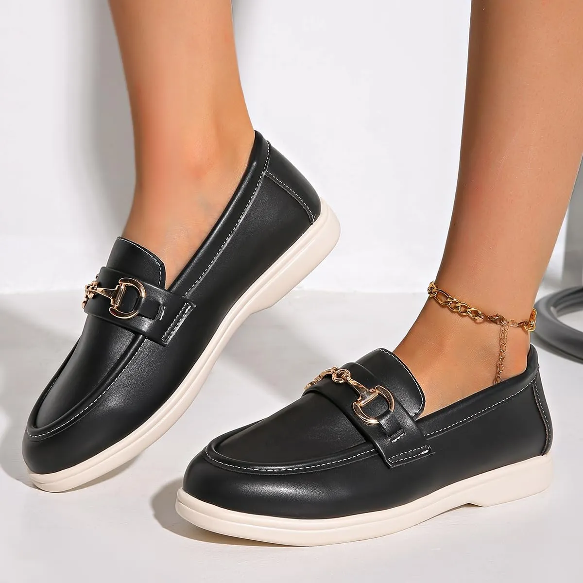 Orthopedic Platform Loafers Women with Chain, Round Retro Toe Comfortable Slip On Work Loafers